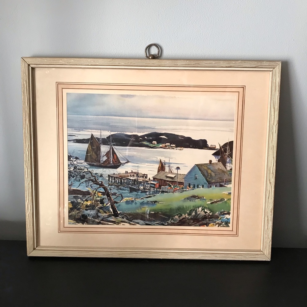 Watercolor Art Harbor Seaport C. Ivar Gilbert lithograph  Print Coming into port